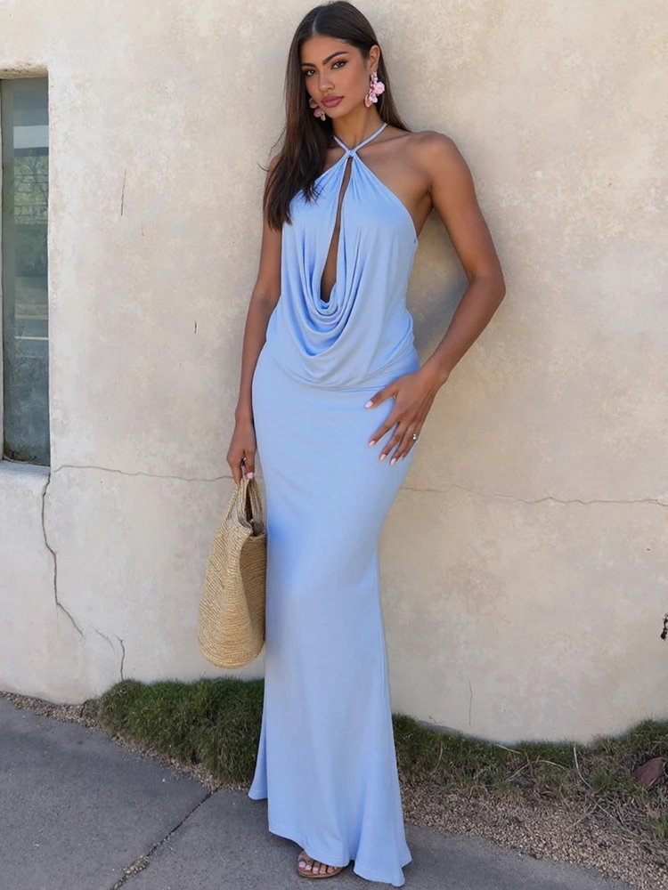 Nibber Mode Sexy Backless Maxi Kleid Frauen Halter Geraffte Hohl Ärmellose Robe Urlaub Strand Party Temperament Vestidos