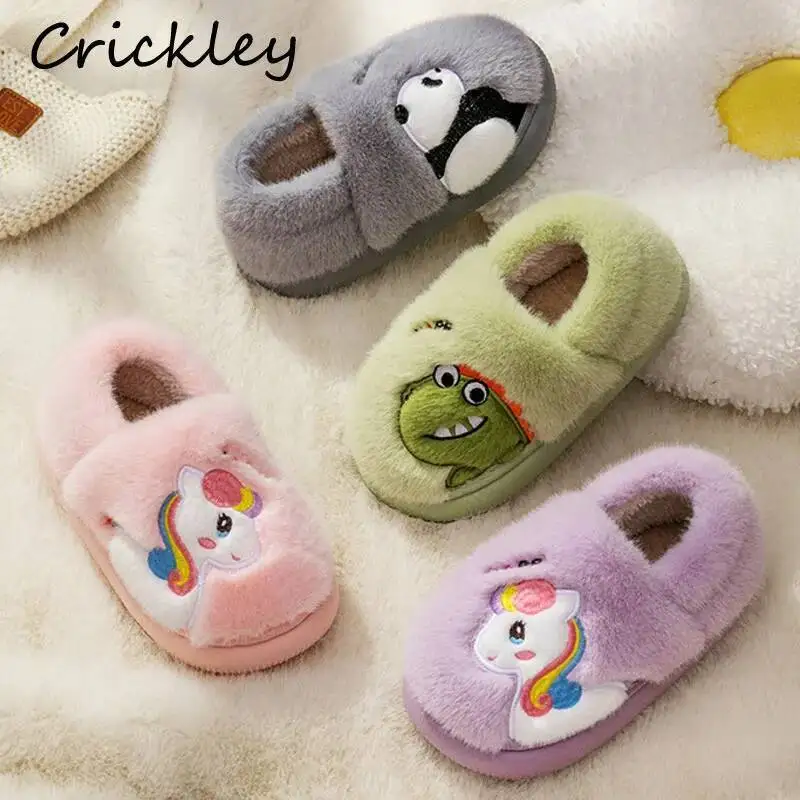 

Unicorn Panda Dinosaur Children Slippers Embroidery Cartoon Animals Plush Warm Boys Girls Indoor Shoes Soft Kids Winter Slippers