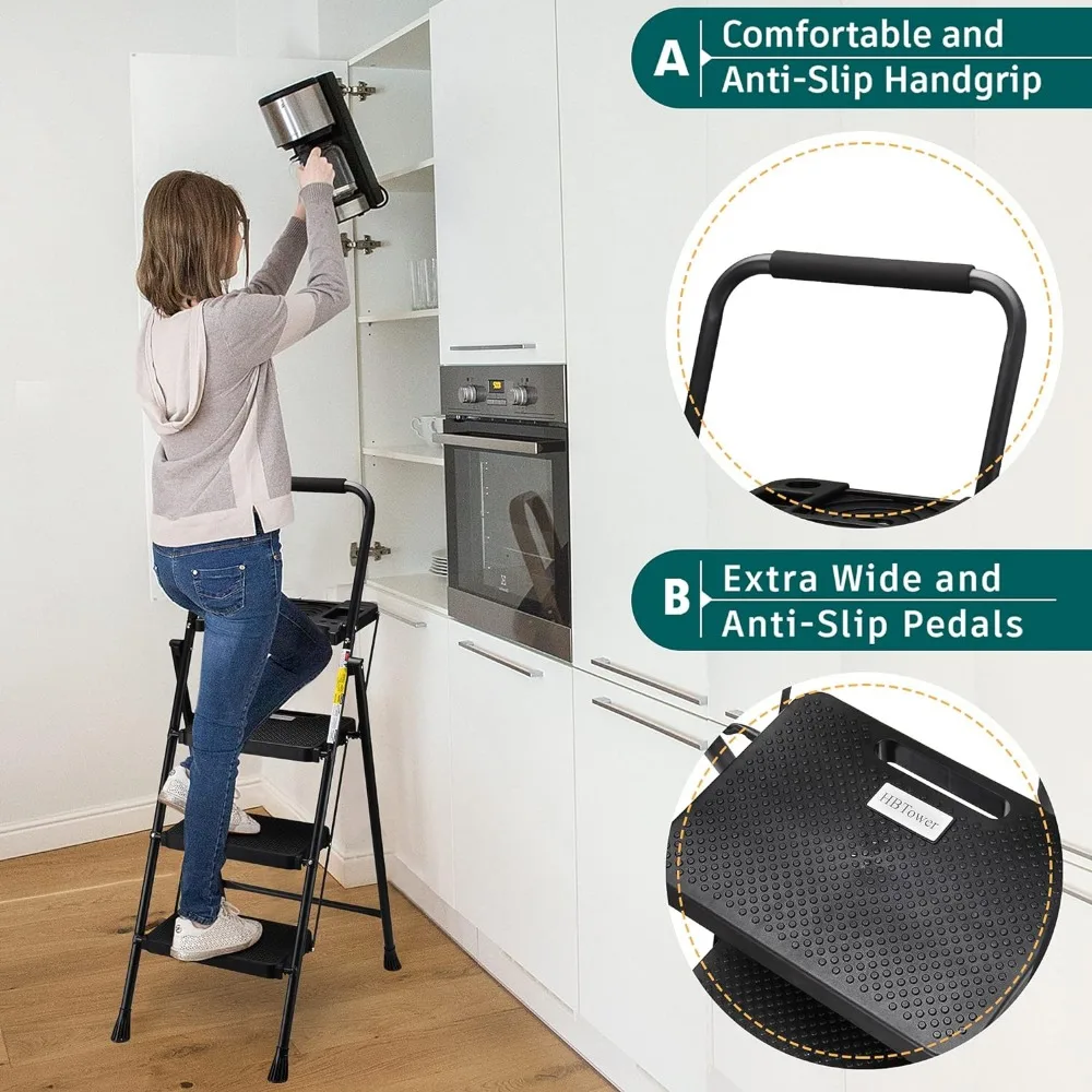 HBTower 3 Step Ladder with Tool Tray, Folding Step Stool with Wide Non-Slip Pedal and Comfort Handgrip for Household and Office,