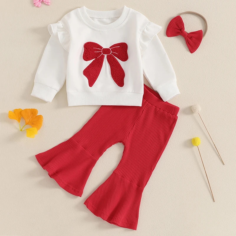 Baby Girls Cute Outfits Bow Embroidery Ruffles Long Sleeve Sweatshirt and Flared Pants Headband Set 3 Piece Clothes