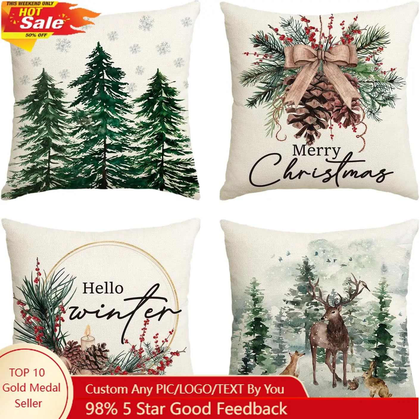 

AVOIN colorlife Merry Christmas Trees Reindeer Snowflake Throw Pillow Covers, 18 x 18 Inch Xmas Red Berries Hello Winter Holiday