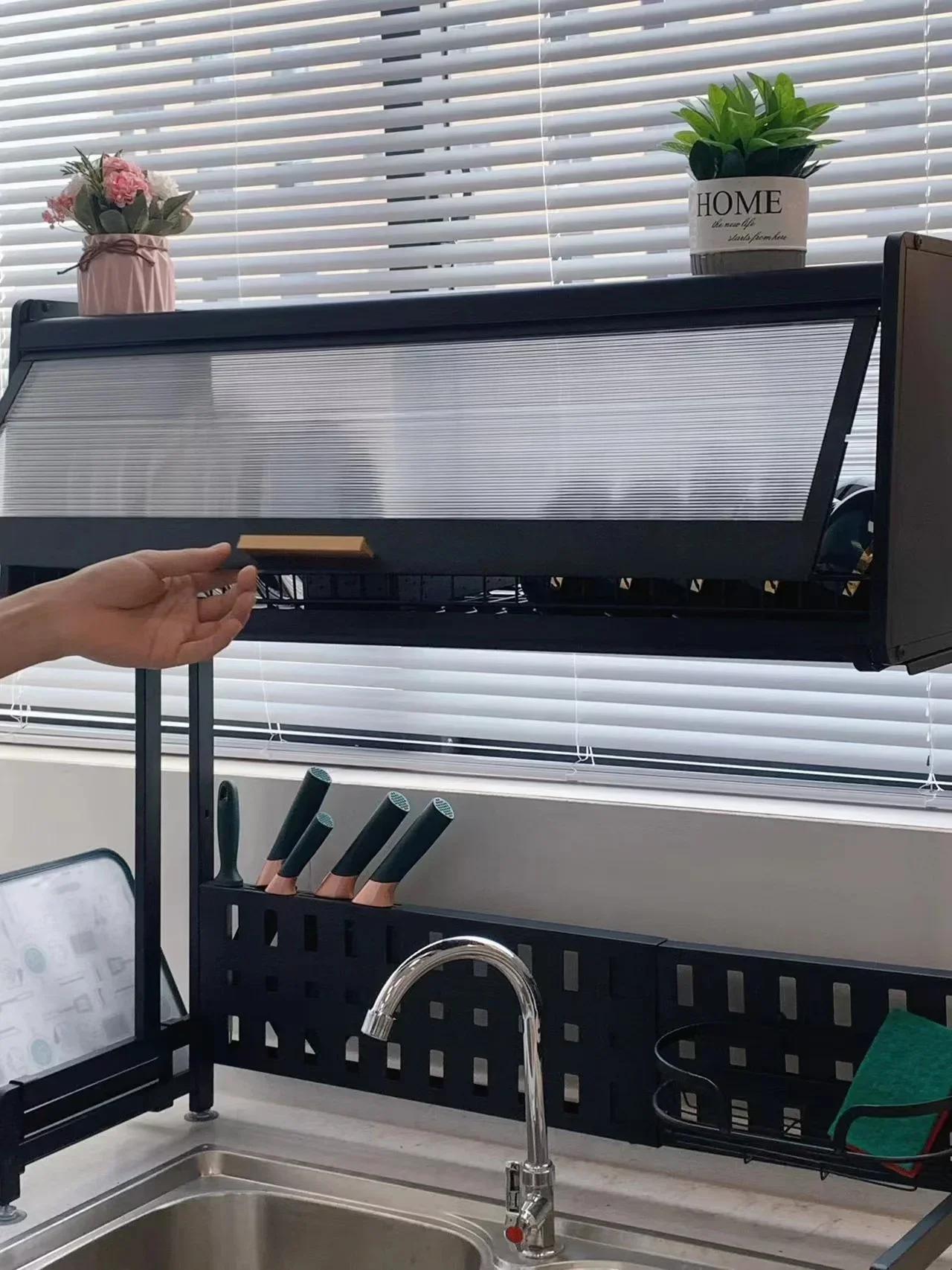 Kitchen Sink Storage Shelf Draining Rack Dish Rack Retractable Dish Rack with Door Dish Storage Cabinet