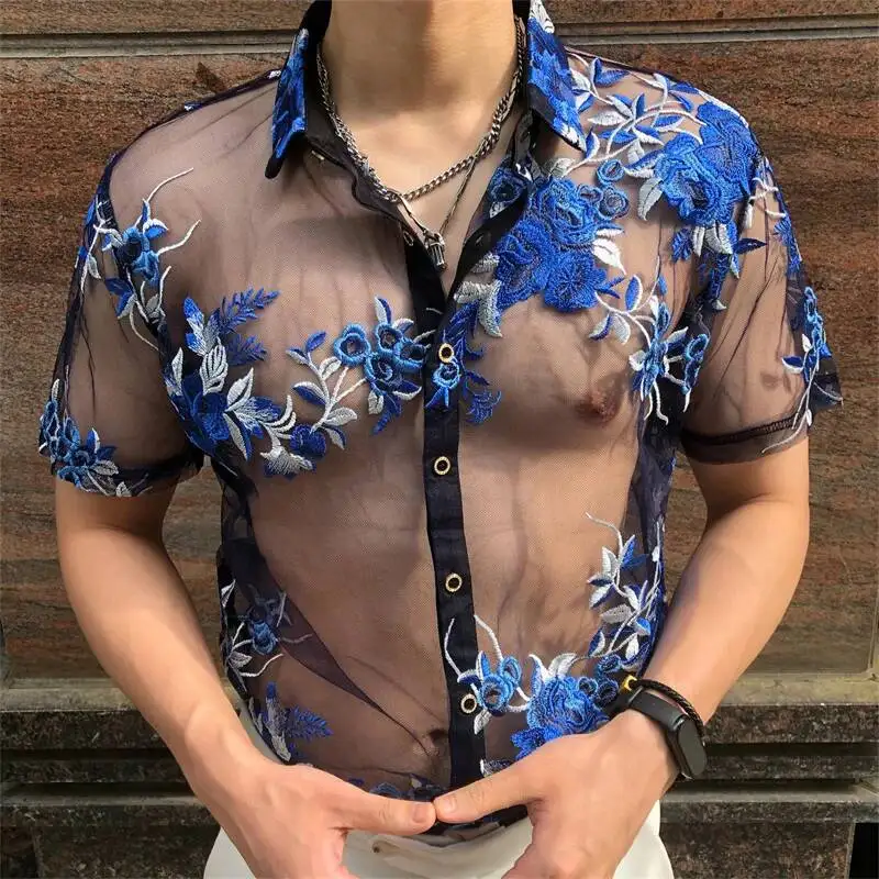 Blue Emboridery See Through Shirt Camisa Hombre Mesh Shirt Men Outfit Top4xl Sexy Transparent Shirt New Flower Club Party Shirt