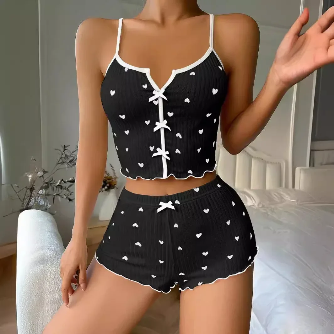 Two Piece Sets Womens Outifits Summer 2024 Heart Print Contrasting Color Home Suit with Front Slit Suspender Pajama Suit Female