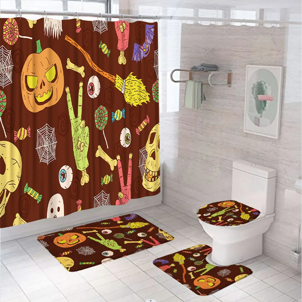 4Pcs Black White Skull Shower Curtain Set Scary Halloween Bathroom Decor Fabric Screen Non-Slip Bath Mat Toilet Lid Cover Rugs