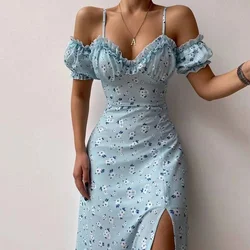 Summer Women's New In Sexy Slim French Strap Dress Flower Printing Short Sleeve Elegant Dresses For Women 5-color 5-size