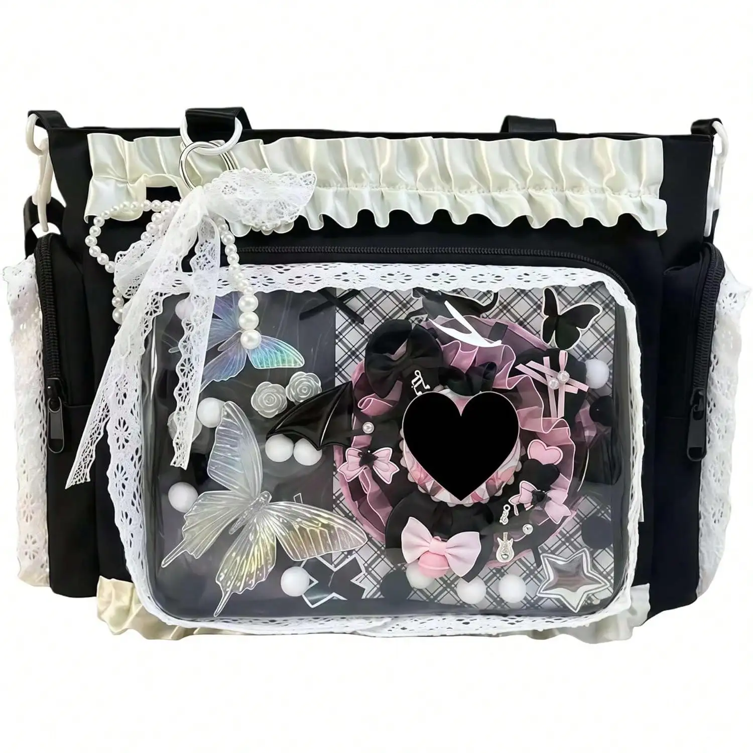 

Y2K Japanese Aesthetic Ruffle Zipper Ita Crossbody Tote Bag Large Messenger Bag With Pin Display Insert Multi Purpose Shoulder Handbag