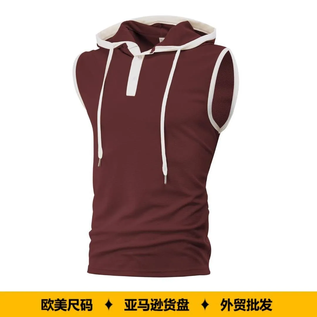 Camiseta sin mangas para hombre, corte holgado, color liso, color granate, con botones frontales, estilo musculoso, chaleco deportivo con paneles de malla y ribete en contraste marrón