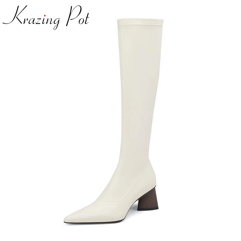 

Krazing Pot Microfiber Pointed Toe Thick High Heels Riding Boots Sewing Thread Korean Girl Street Wear Zipper Thigh High Boots