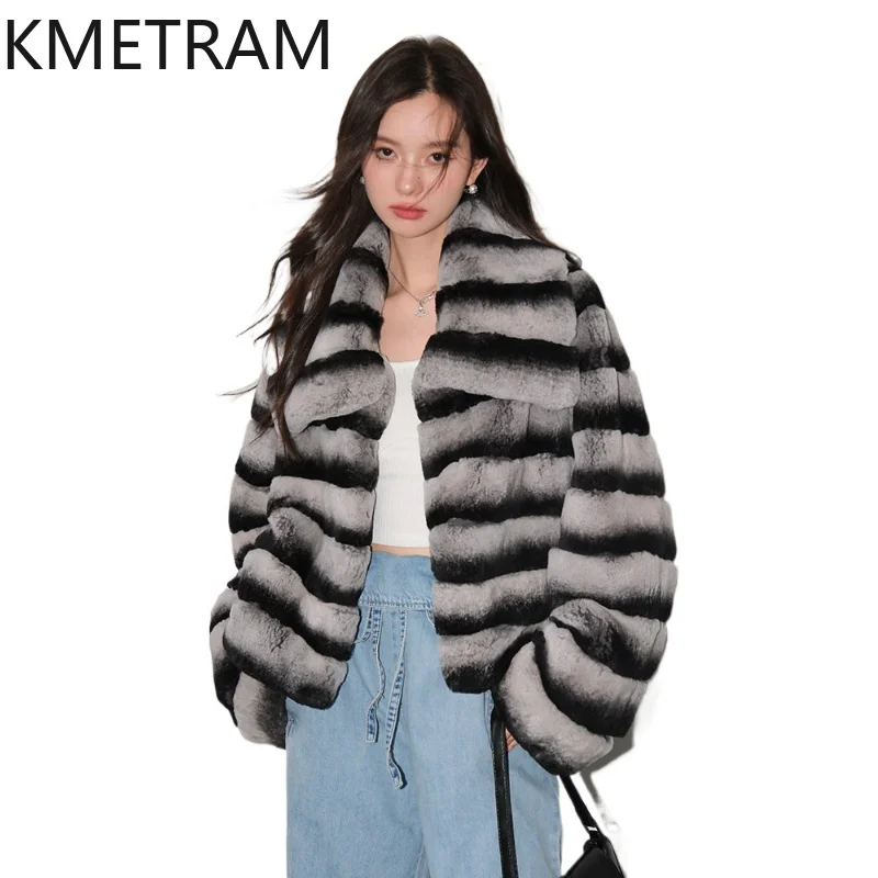 

KMETRAM Whole Skin Rex Rabbit Fur Jacket Women 2026 Luxury Striped Fur Overcoat Winter Jacket Women Real Fur Coat Шуба Женская