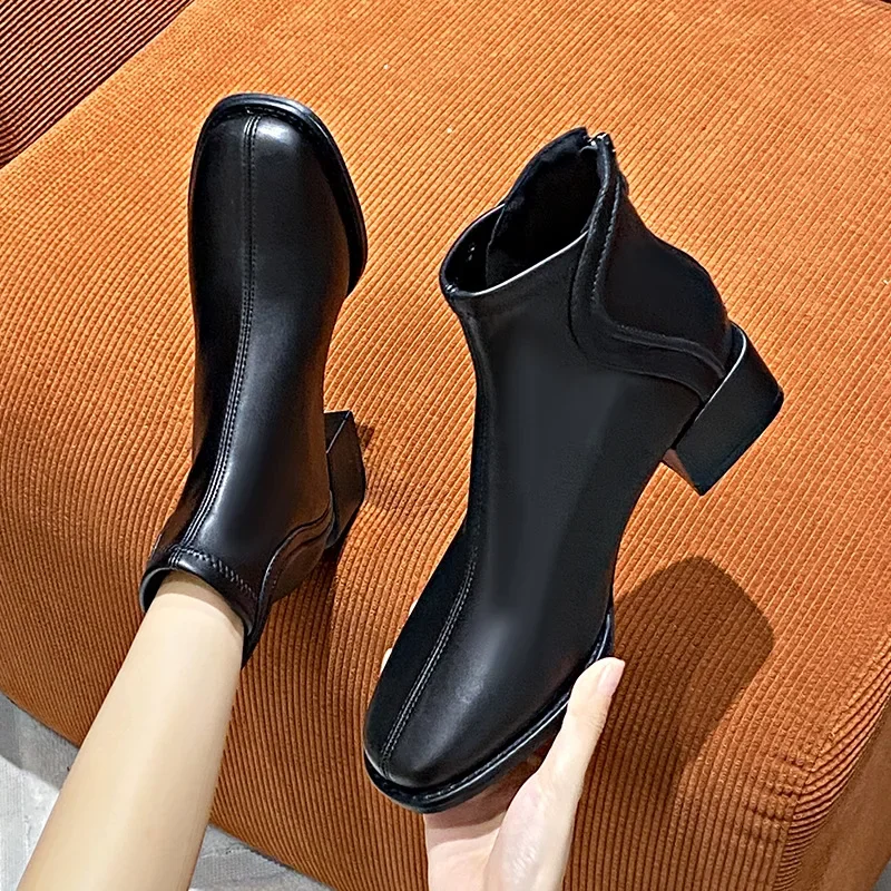 2024 Boots Square Toe Women Slim Ankle Boots Fashion High Heel Ladies Elegant Back Zippers Short Booties Winter Women\'s Footwear