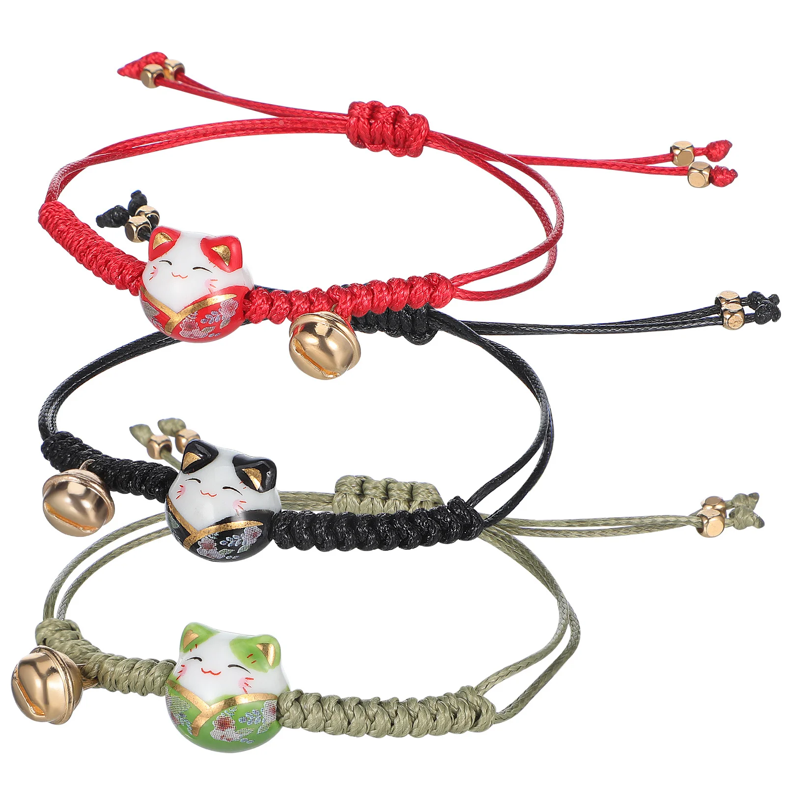 3 piezas pulsera de cuerda encanto japonés Maneki Neko gato negro joyería de la suerte