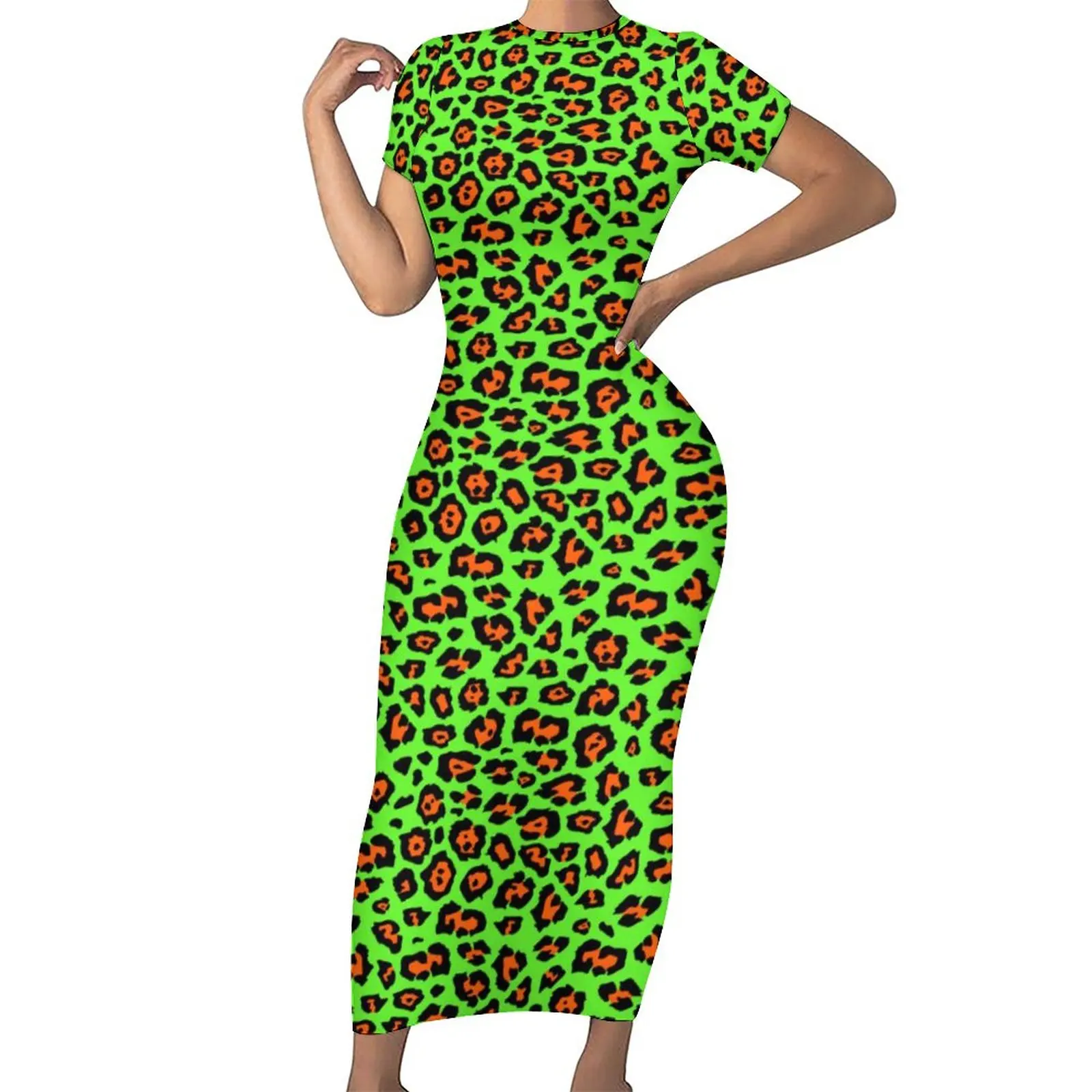 Cheetah Animal Dress Short Sleeve Leon Green Leopard Fashion Maxi Dresses Elegant Bodycon Dress Womens Custom Oversized Vestidos