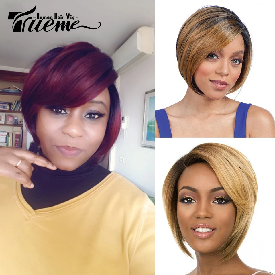 Trueme Pixie Cut Menselijk Haar Pruiken Ombre Blonde Korte Bob Pruik Voor Vrouwen Gekleurde Mode Braziliaanse Volledige Machine Pruik Met pony