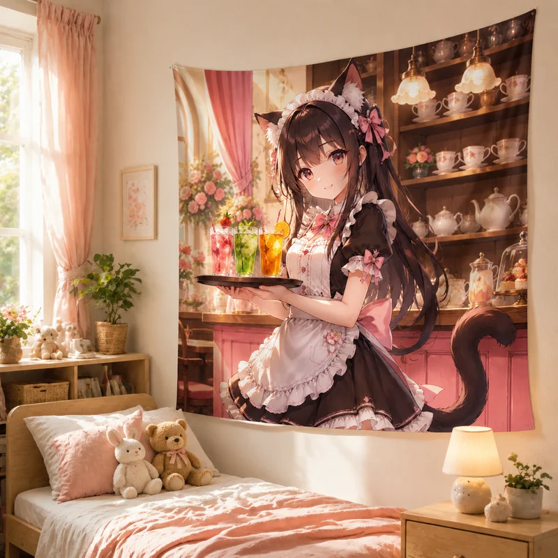 VIKAMA Cat-Ear Maid Anime Tapestry, Pink Café Fresh Fruit Drink Wall Hanging, Atmospheric Dorm Room and Bedroom Home Decor