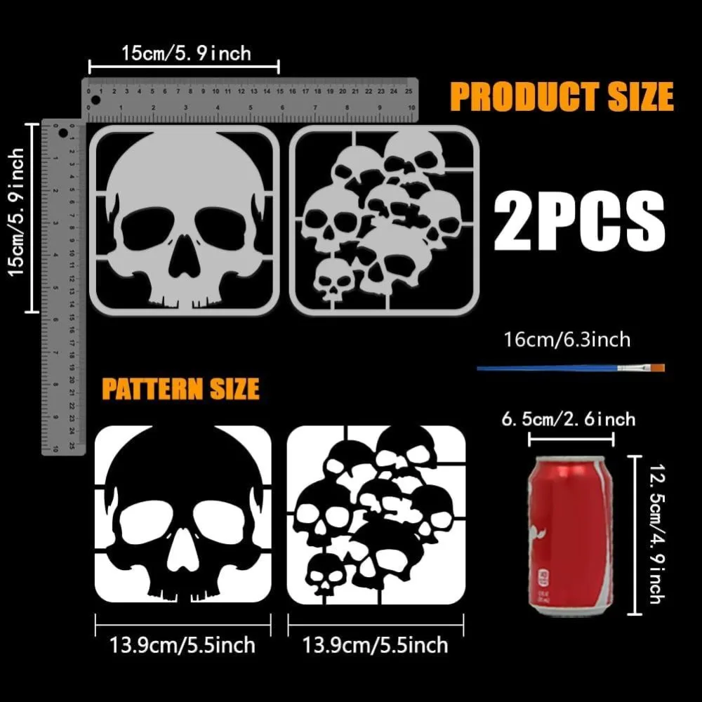 2 Pcs Pattern Stencils with Brush 5.9x5.9inches Plastic PET Painting Stencil Skulls Horror Painting Template Multiple Painting