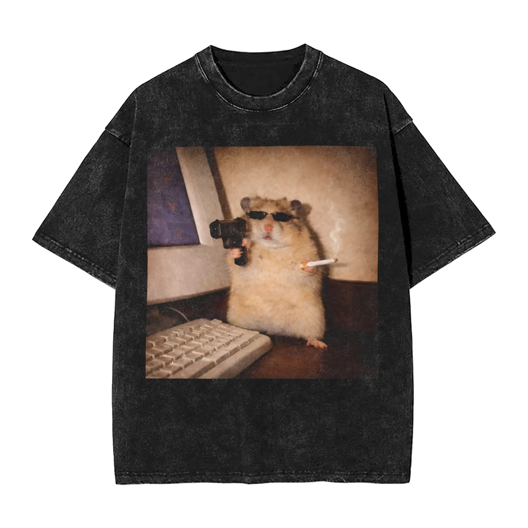 Washed T Shirt Cyber Hamster Smoking Meme Hip Hop Retro T-Shirts Harajuku Streetwear Short Sleeve Summer Tops Tees for Men Women