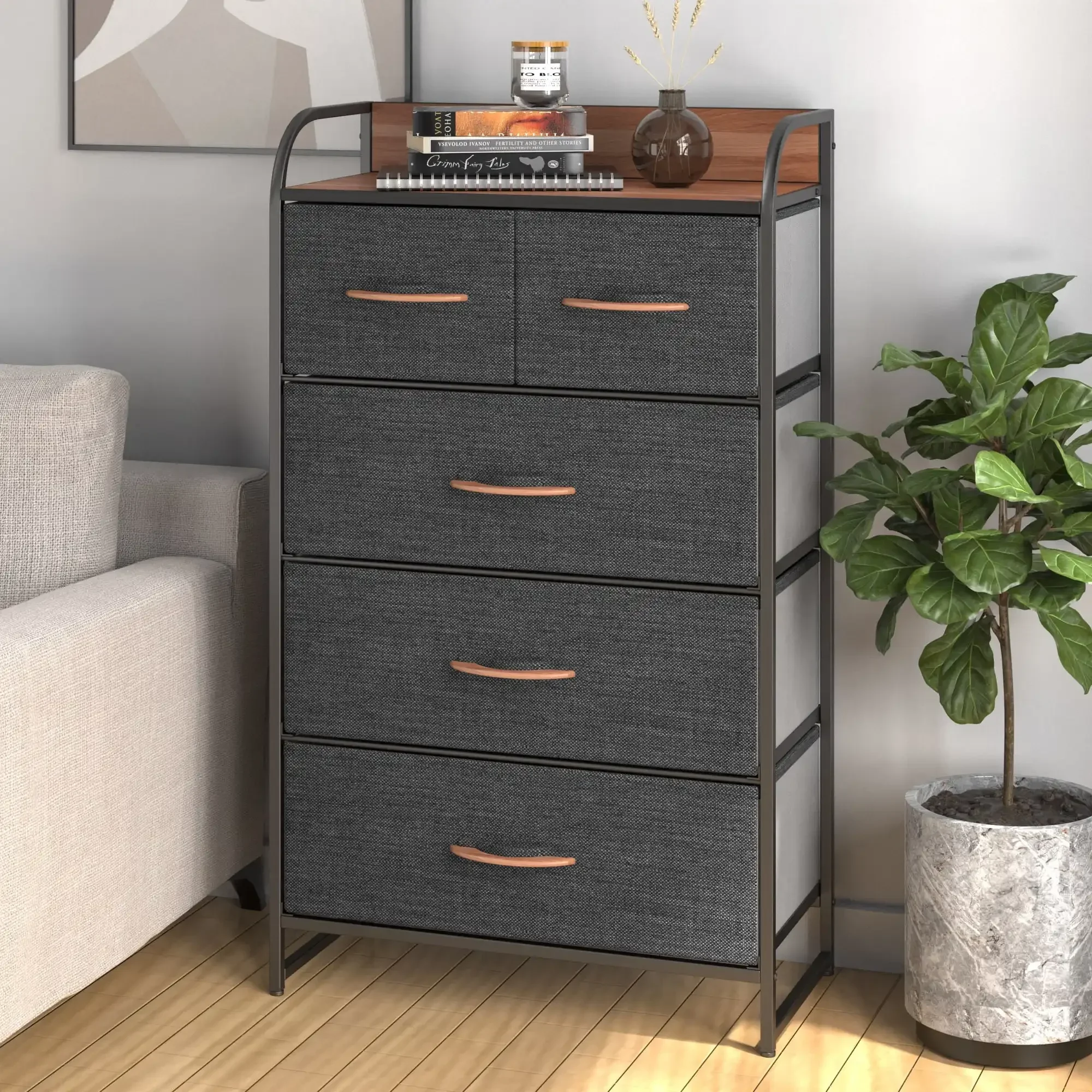 Fabric Dresser with 5 Drawers Easy Pull Bins Wooden Top for Bedroom, Cool Gray