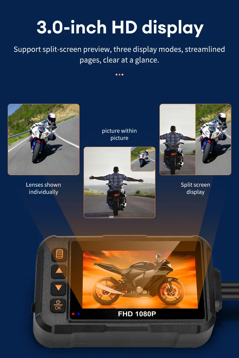 3 Zoll Motorrad-Dashcam Wasserdichte Motorradkamera DVR Vorne 720P & Hinten 480P Kamera Video-Loop-Recorder Schwarz Nachtsicht – Detail 5
