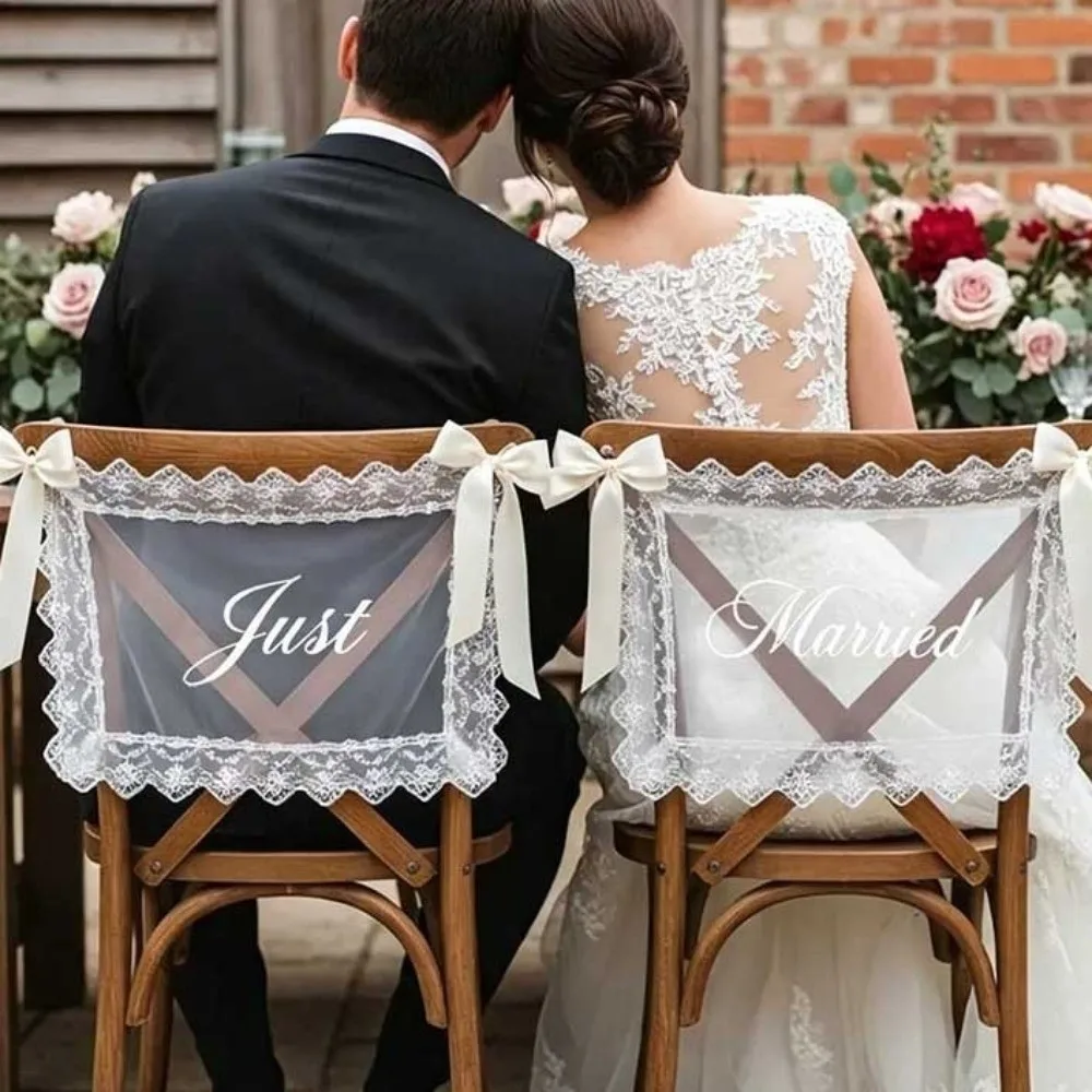 2PCS French Romantic Wedding Chair Back Lace Cover Creative Reusable Strap Chair Cover Multi Purpose Wedding Chair Banners