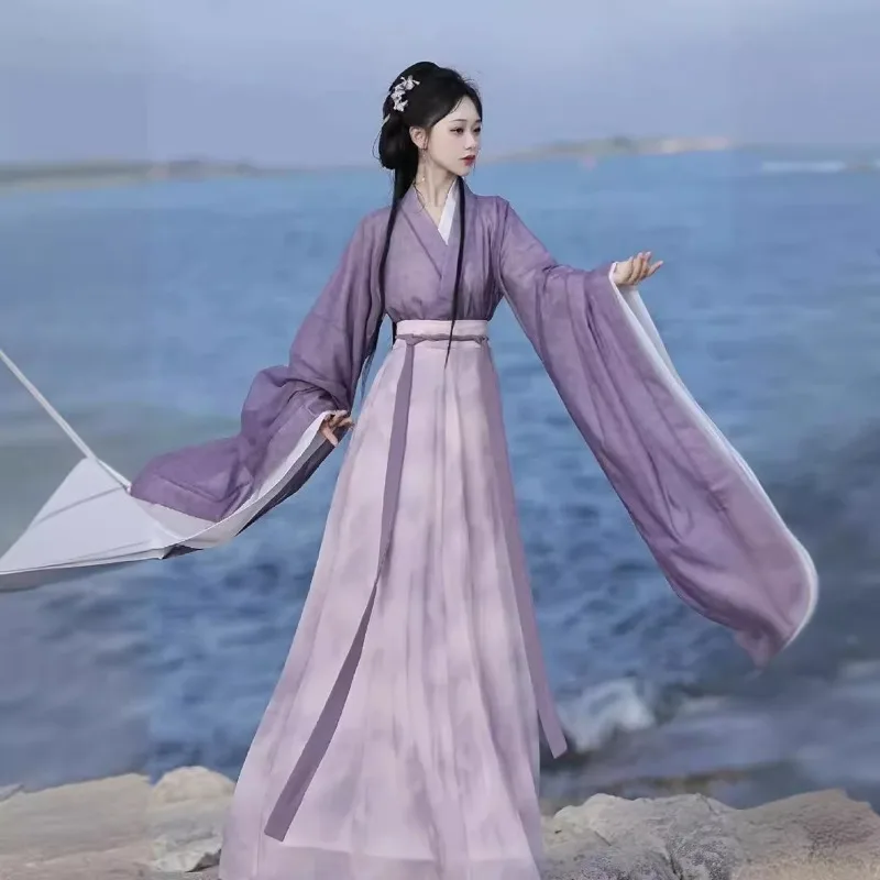 

Hanfu women's Warring States robe, half summer Qixi Festival collar wide sleeves