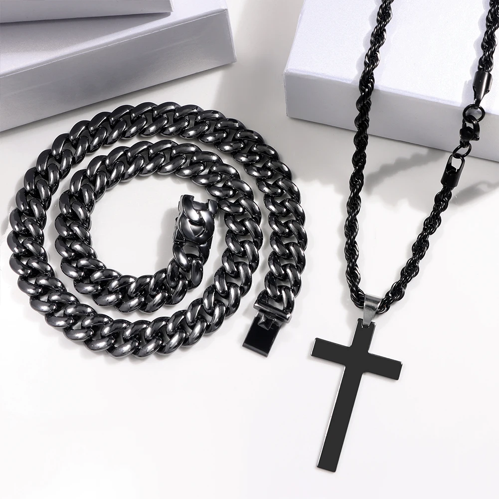 2Pcs Stainless Steel Rope Chain Christian Cross Necklace Women Men 13MM Metal Cuban Link Chain Necklace Punk Hip Hop Jewelry