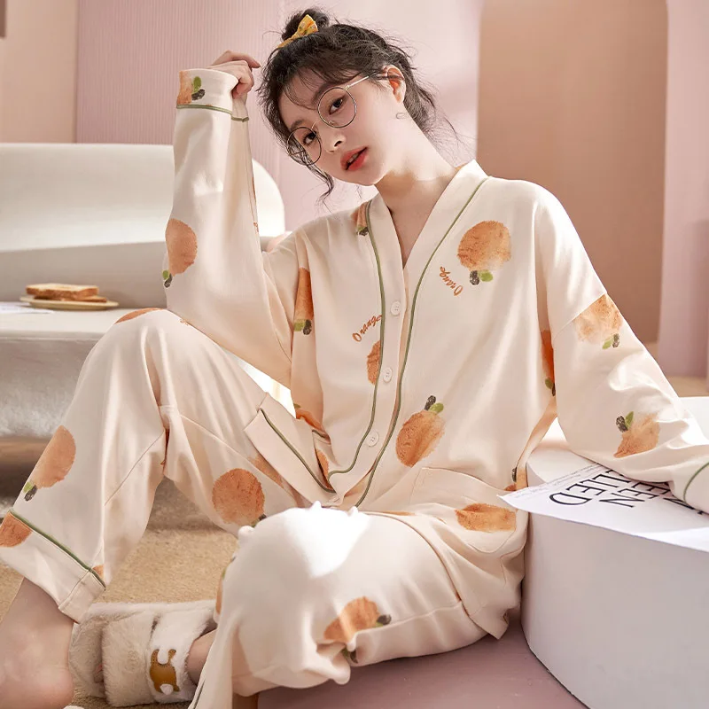 Japanese Kimono Style Autumn Winter Womens Pajamas Sets Cotton Long Sleeves Homesuits Casual V-neck Lapel Sleepwear