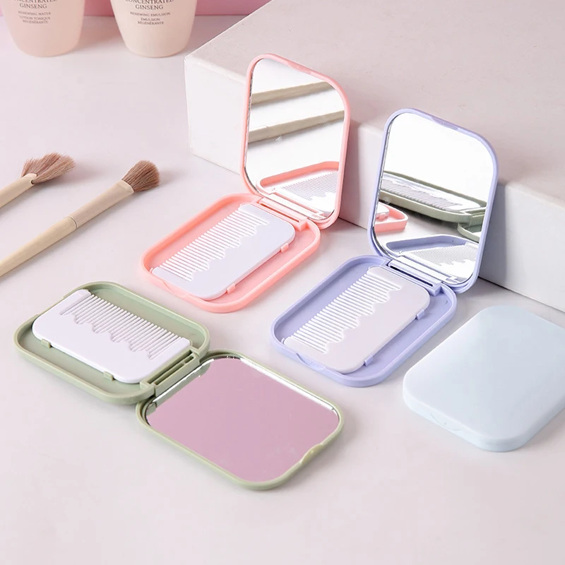 Small Mirror Comb Set Solid Color Fashion Portable Folding Makeup Mirror With Comb For Girl Gift Makeup Tools Vanity Miror