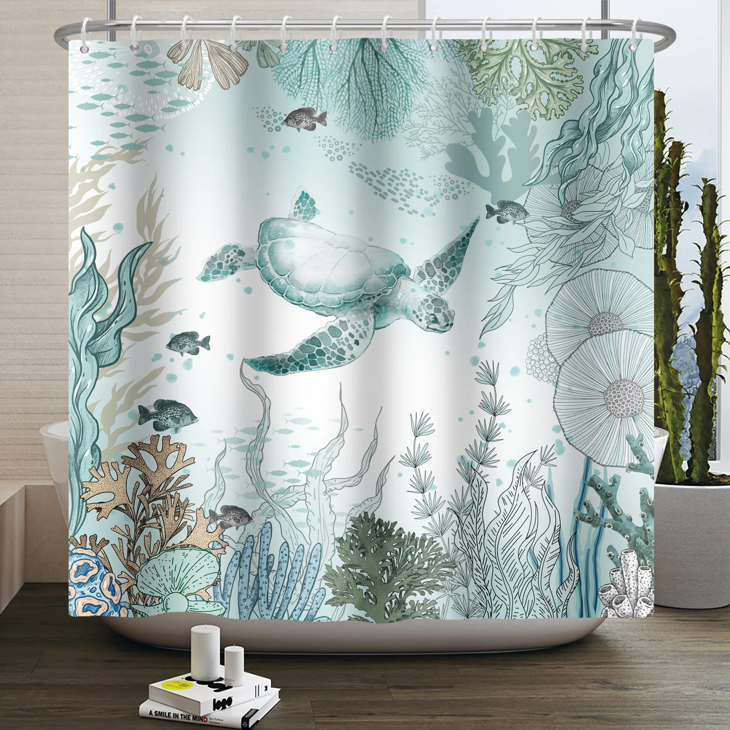 Sea Turtle Shower Curtain Ocean Animals Jellyfish Seahorse Starfish Nautical Underwater Marine Life Waterproof Bathroom Curtain