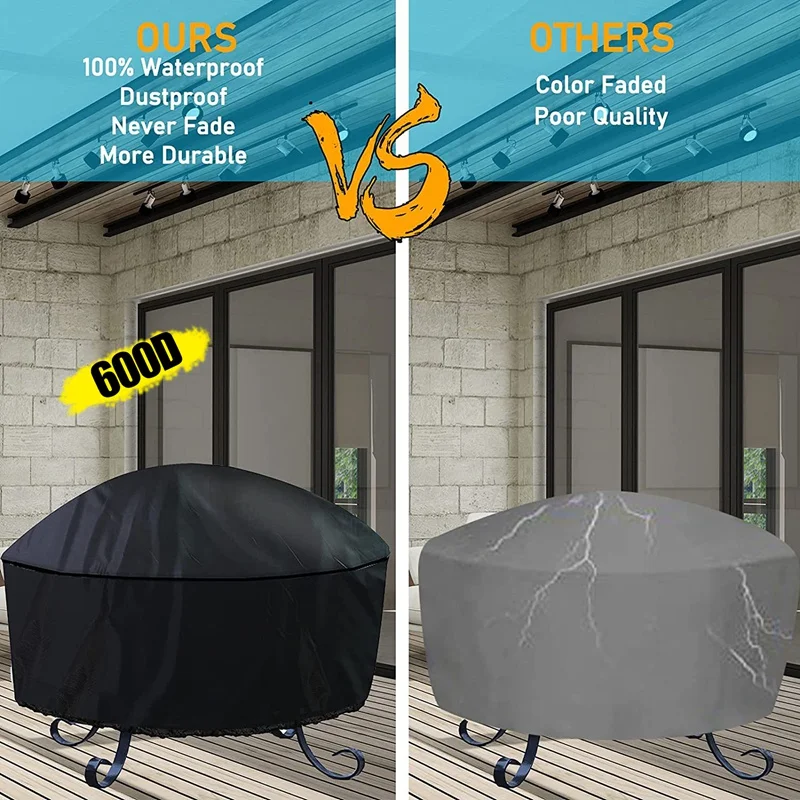 600D Heavy Fire Pit Cover Rainproof Home Round Barbecue Rack Covers Gas Charcoal Brazier Grill Furniture Universal UV Protector