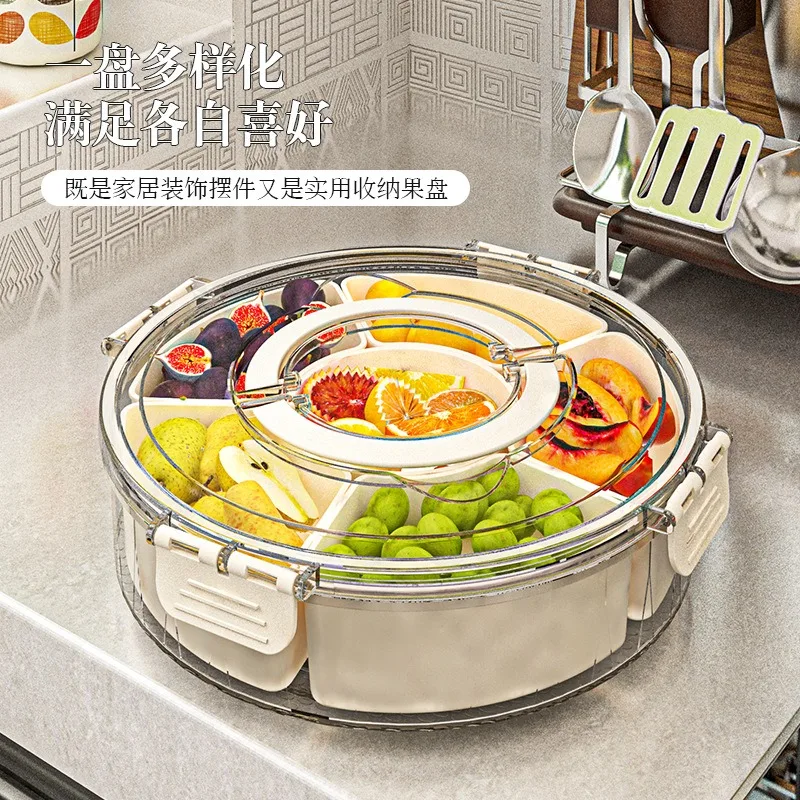 Rotatable 6-Compartment Fruit Tray with Handle, Sealed Moisture-Proof Round Snack Box with Lid for Home Use