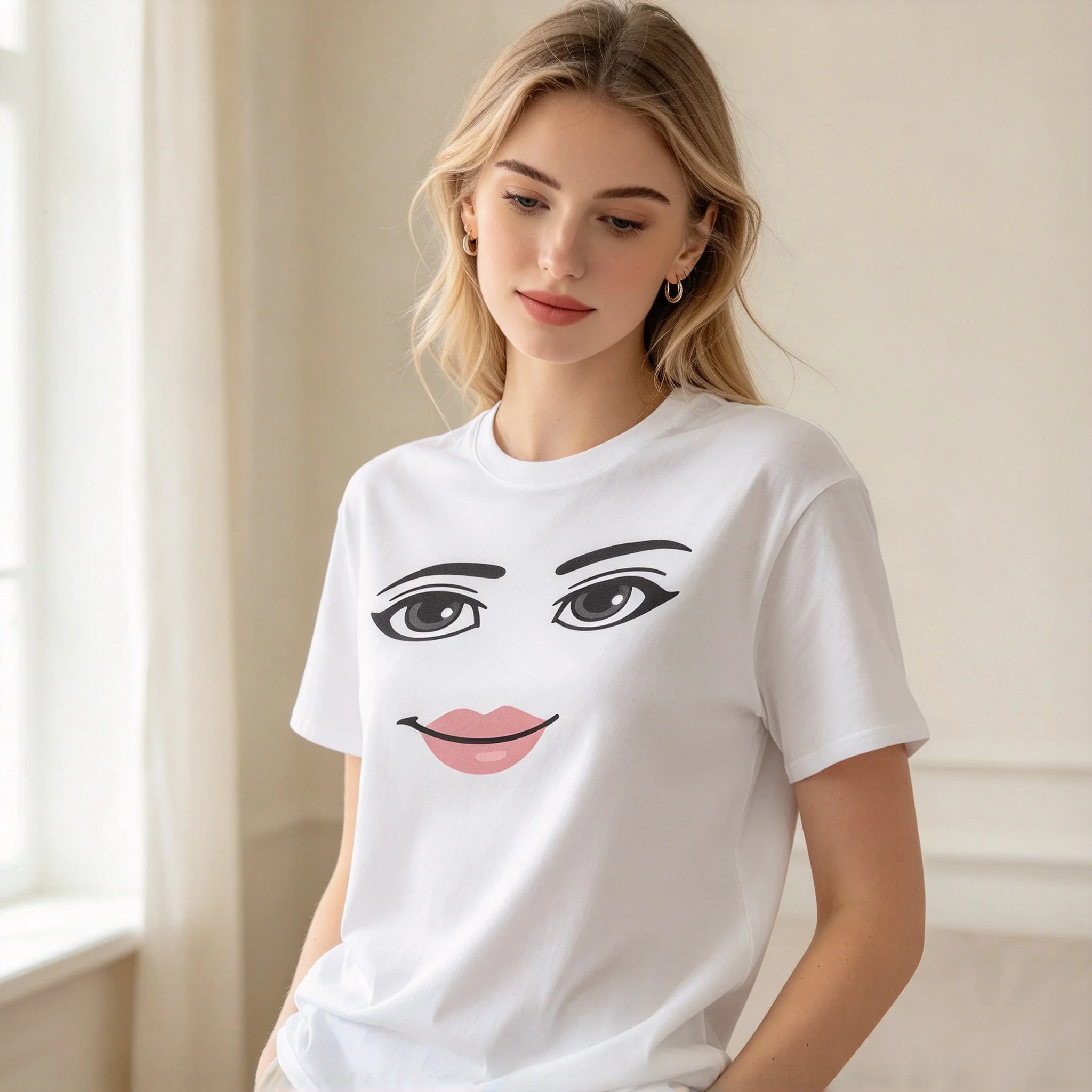 Stylish Round Neck Short Sleeve T Shirt for Summer Unique Harajuku Streetwear Robot Roblox Woman Face Gaming Themed Aesthetic Apparel