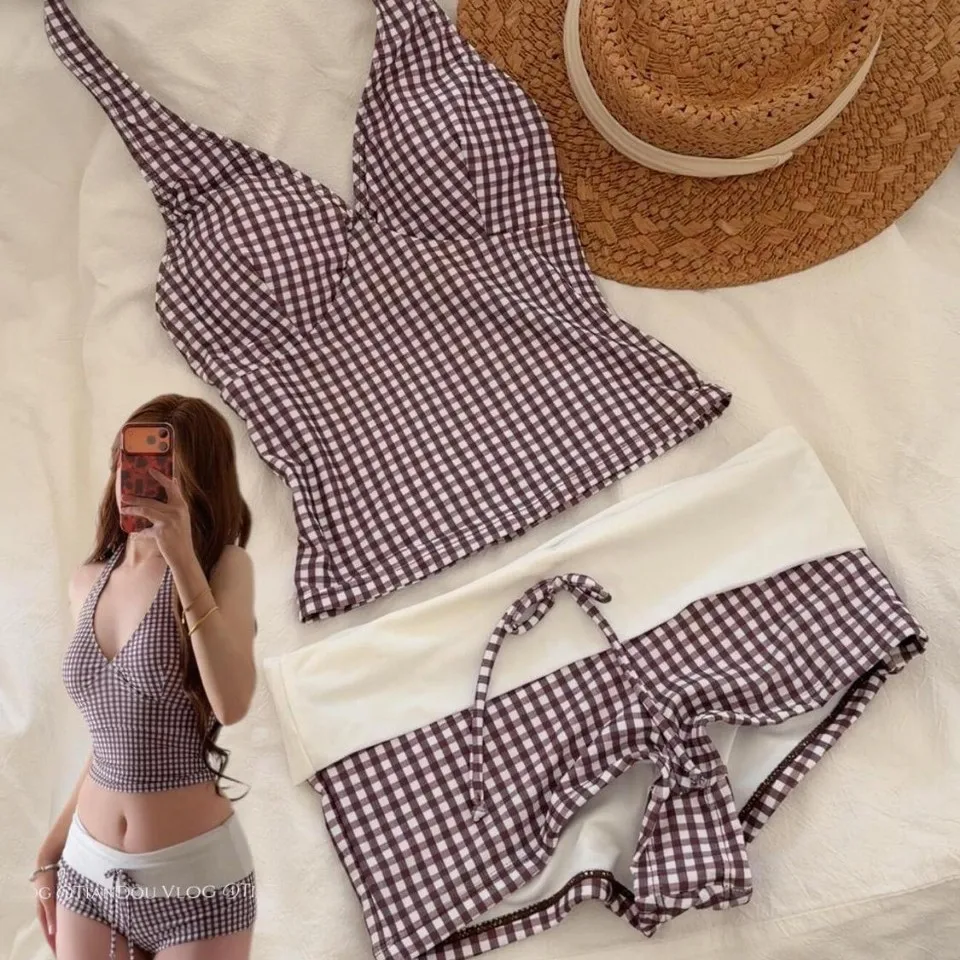 Conjunto de Bikini Térmico de Dos Piezas para Vacaciones, Estilo Retro a Cuadros, Sexy y Atrevido, con Estampado Floral, de Secado Rápido y Alta Elasticidad