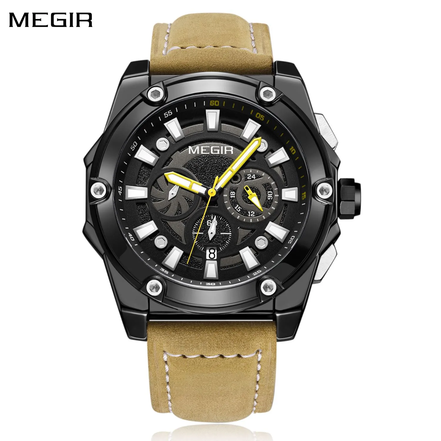 

MEGIR модный бренд кварцевые спортивные часы с кожаным ремешком военные наручные часы водостойкий календарь хронограф Reloj Hombre