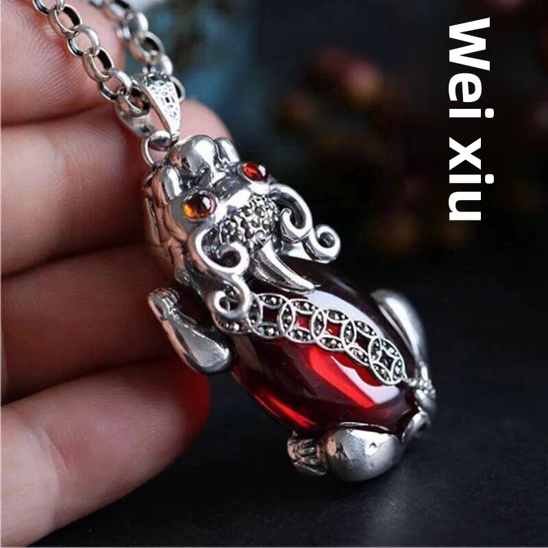Chinese Style Lucky Wealth Attract Pixiu Pendant Necklace Vintage Blackened Garnet Inlay Copper Coin Pattern Unisex Retro Auspic