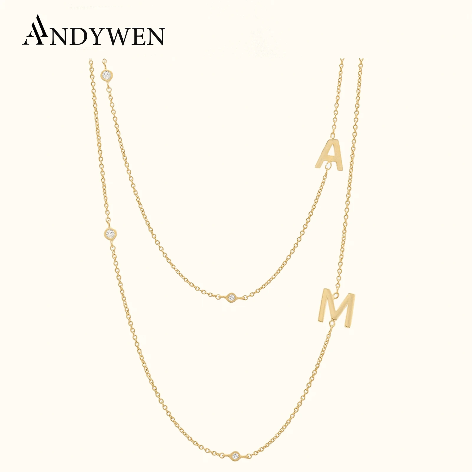 ANDYWEN-gargantilla con colgante liso con letra dorada de Plata de Ley 925, collar con inicial A M, 26 letras, alfabeto de joyería fina para mujer