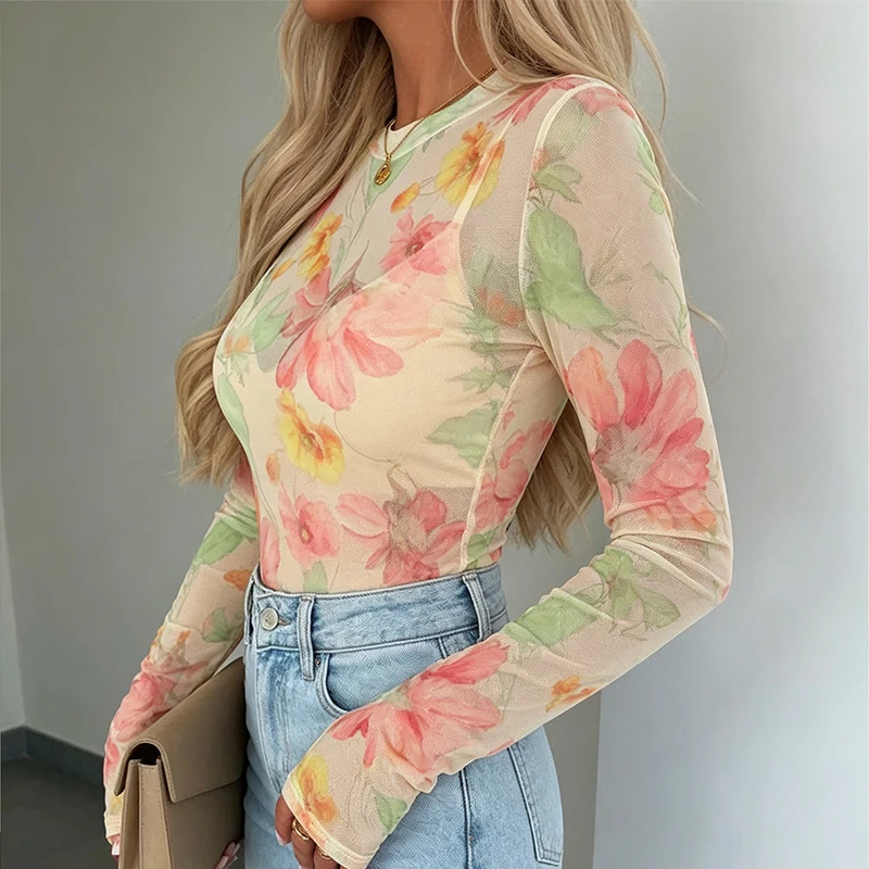 New Elegant Women T-Shirts O Neck See-through Slim Lady Tops Spring Autumn Flower Printed Shirts Fashion Elastic Holiday Tee