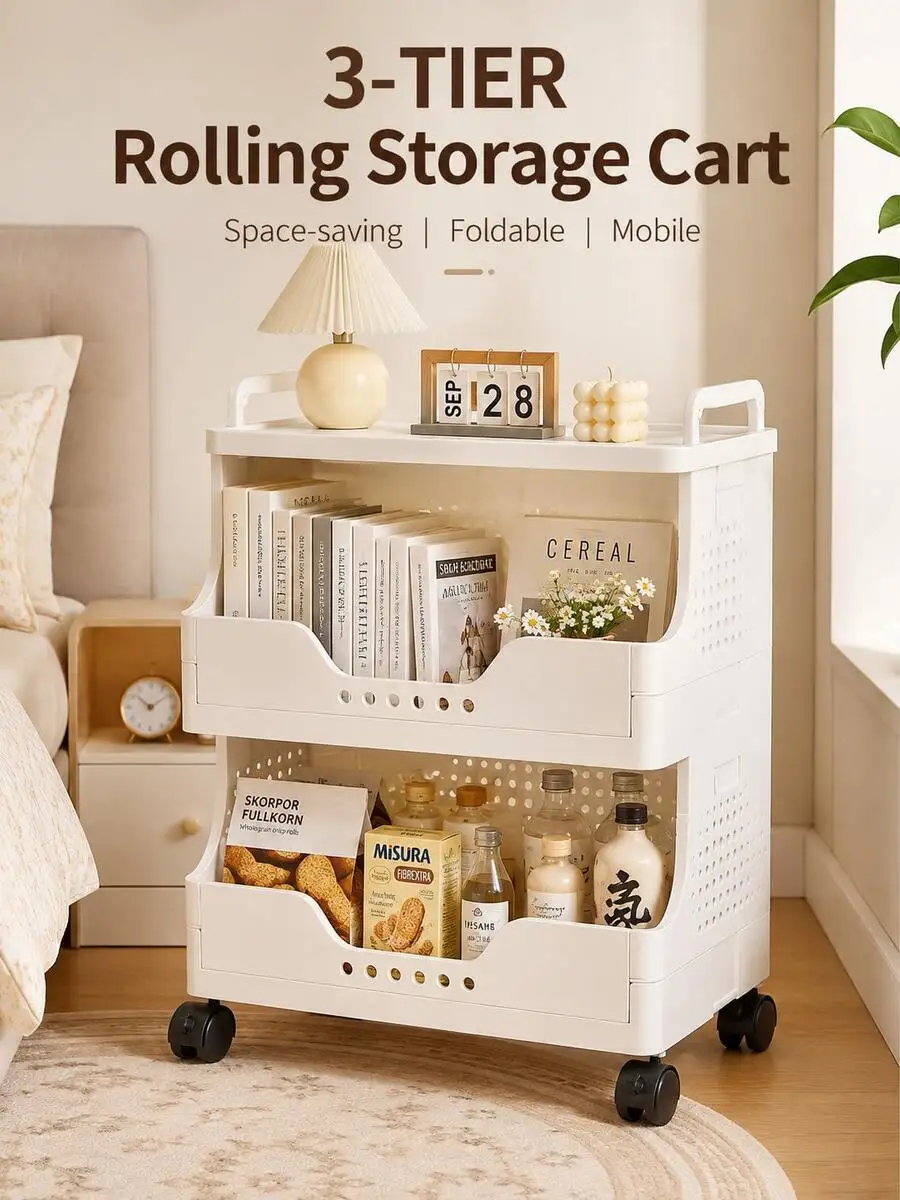 2/3-Tier Foldable Rolling Storage Cart With Wheels, Mobile UtilityOrganizer With Large Top Tray, Open Front Shelves & Ventilated Panels ForBedroom, Bathroom, Living Room, Dorm & Office, White