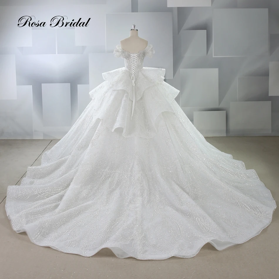 Off Shoulder Shape Beaded Glitter Tulle Wedding Dress