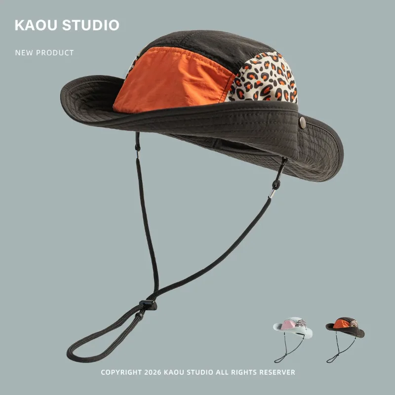 New Fashion Stitching Leopard Print 5-panel Bucket Hats for Men and Women Summer Outdoor Leisure Sun Protection Hiking Caps