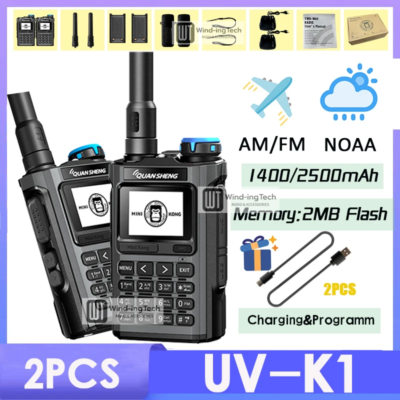 Quansheng UV-K1 Mini Walkie Talkie 2PCS 1400/2500mAh AM/FM Radio Multi-Band Transceiver 2MB Memory Type-C Charger Long Range K6
