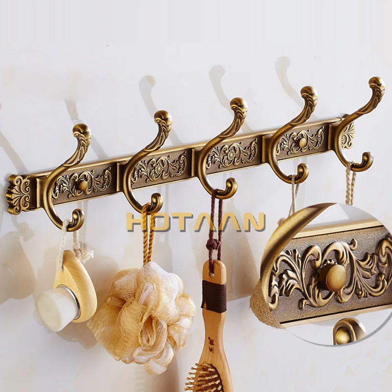 Hotaan Antique Brass Robe Hook Wall Mount Towel Hook Bathroom Accessories Organizer Luxury Clothes Hook Rack 