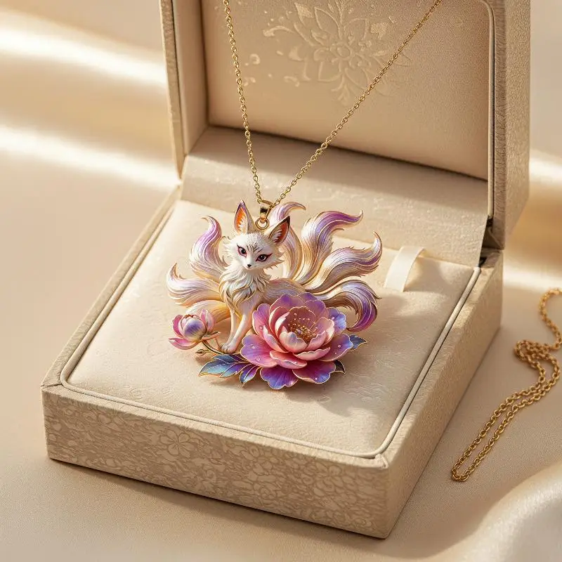 Nine Tailed Fox Enamel Pendant Cute Aesthetic Chinese Style Trendy Ornament for Necklace DIY Daily Wear Gift for Teens
