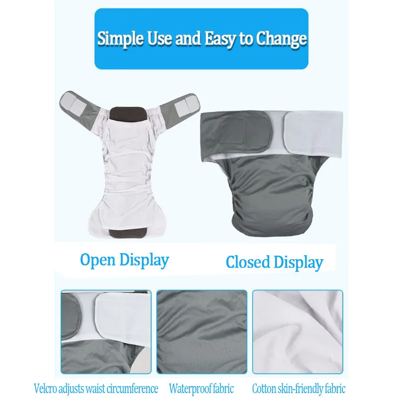 Adult Diaper Panties Washable Diapers Reusable  Breathable Waterproof Diaper Velcro Style