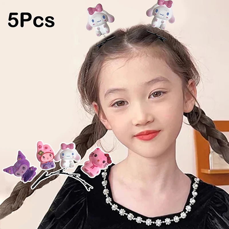 5Pcs Sanrio Hello Kitty Hair Clip 3D Kuromi Spring Hairpins Melody Cinnamoroll Duckbill Clip Headwear Children's Hair Accessory