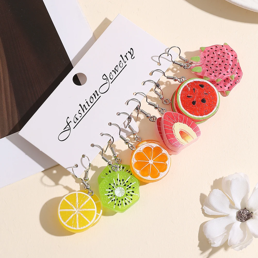 Cross Border Summer Fresh Imitation Fruit Earrings Colorful Resin Dangle Earrings Kiwi Strawberry Watermelon Pitaya Orange Penda