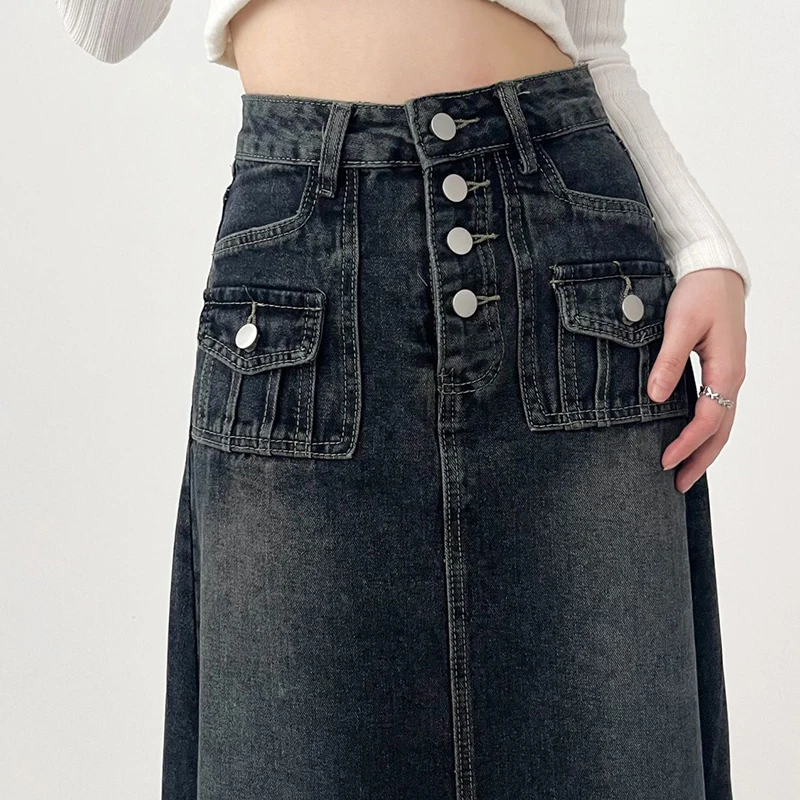 Vintage Denim Long Skirt for Women 2023 Spring Summer High Waist Button Raw Edge A-Line Skirt Female Harajuku Street Jean Skirts