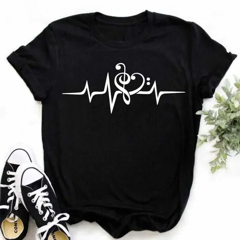 Nueva camiseta Harajuku divertida con notas musicales artísticas, camiseta a la moda para mujer, camisetas de música, camiseta de manga de talla grande, camiseta informal para mujer Y2K