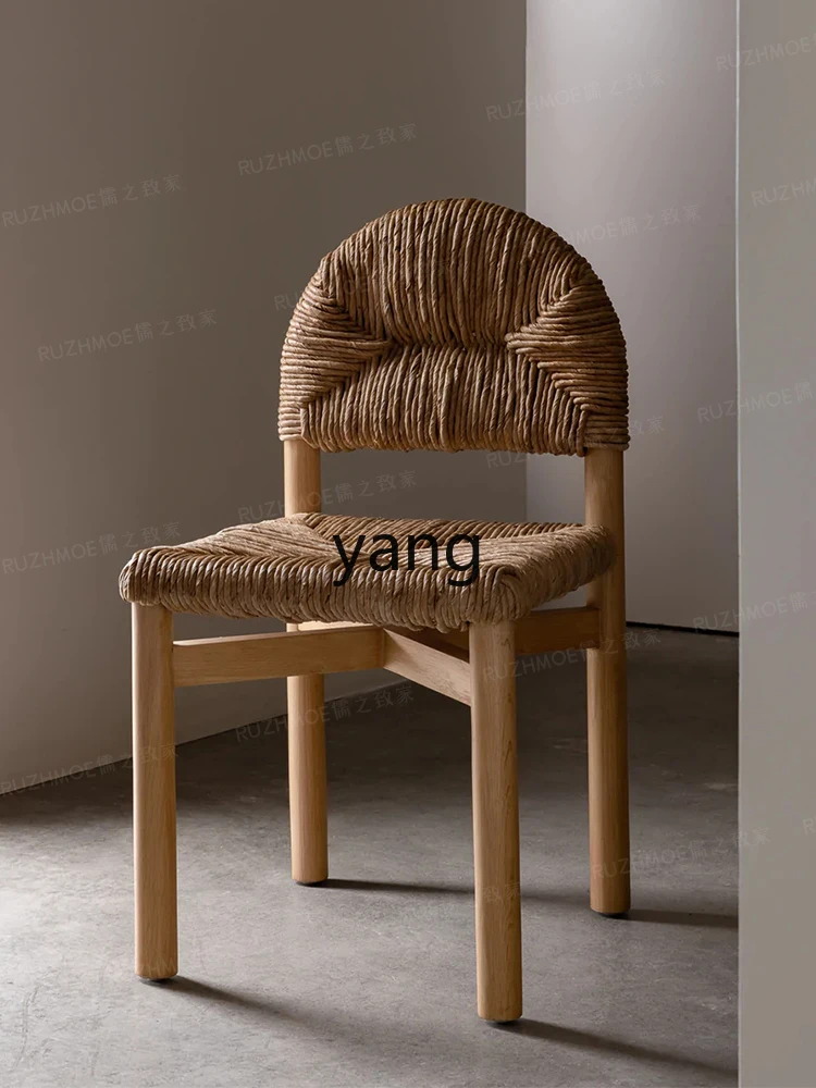 Yjq Vintage Grass Rattan Chair Solid Wood Dining Chair Design Dome Shape Backrest Mid-Ancient Desk