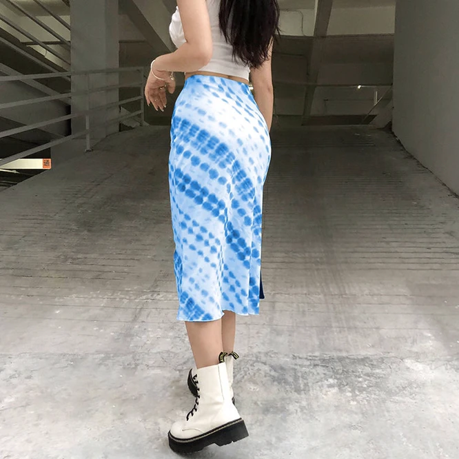 

Spring Summer New Fashion Tie Dyed Halflength Skirt Women's Skirt High Waist Long Skirt Leisure Girl Hip Wrap Skirt Blue